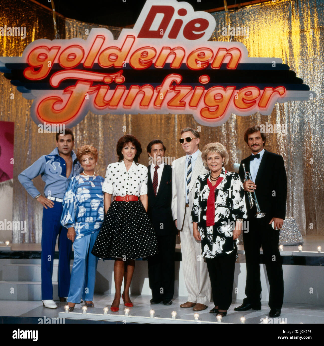 Die goldenen Fünfziger, Oldie-Musikshow, Deutschland 1987, Mitwirkende: (v. l.) Ted Herold, Lys Assia, Petra Schürmann, Vico Torriani, Wolfgang Sauer, Christa Williams Foto Stock