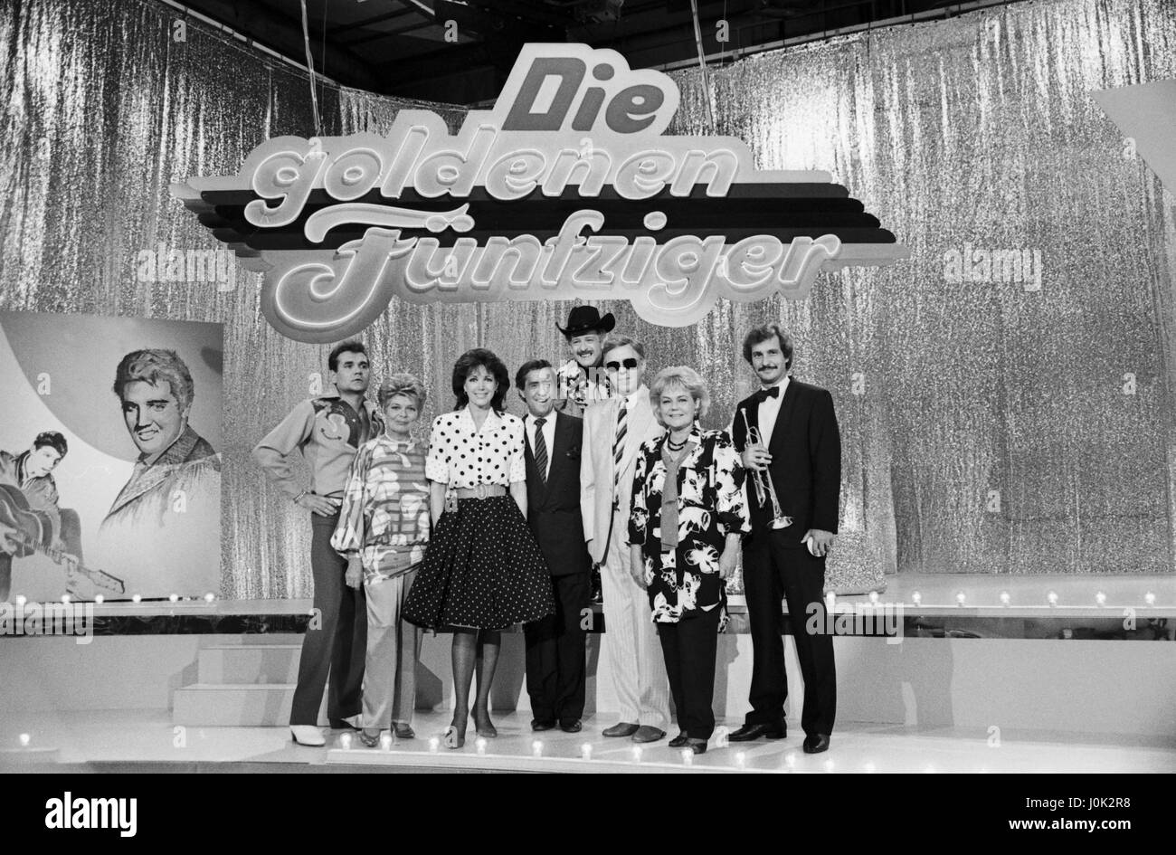 Die goldenen Fünfziger, Oldie-Musikshow, Deutschland 1987, Mitwirkende: (v. l.) Ted Herold, Lys Assia, Petra Schürmann, Vico Torriani, Wolfgang Sauer, Christa Williams Foto Stock