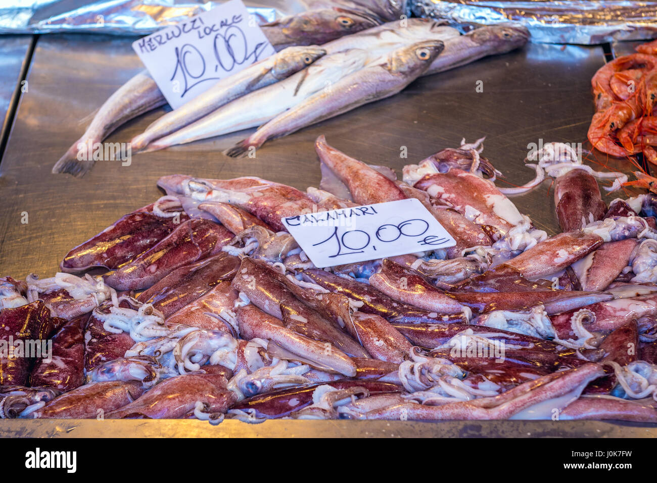 Squid per la vendita sul quotidiano mercato all'aperto nella città di Siracusa, angolo sud-est dell'isola di Sicilia, Italia Foto Stock