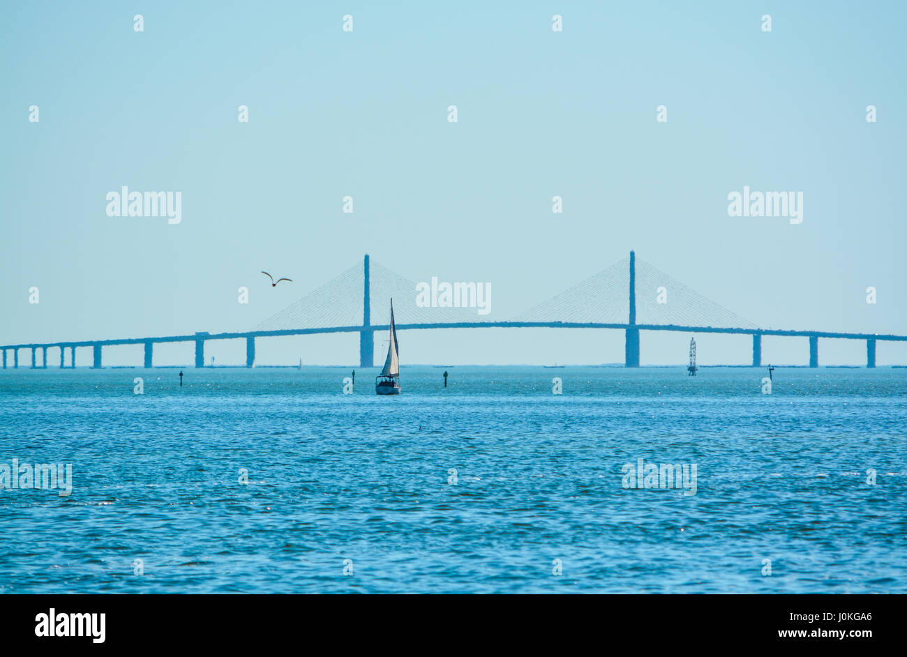 Una imbarcazione a vela sulla baia di Tampa a vela per i lontani Sunshine Skyway Bridge e il Golfo del Messico Foto Stock