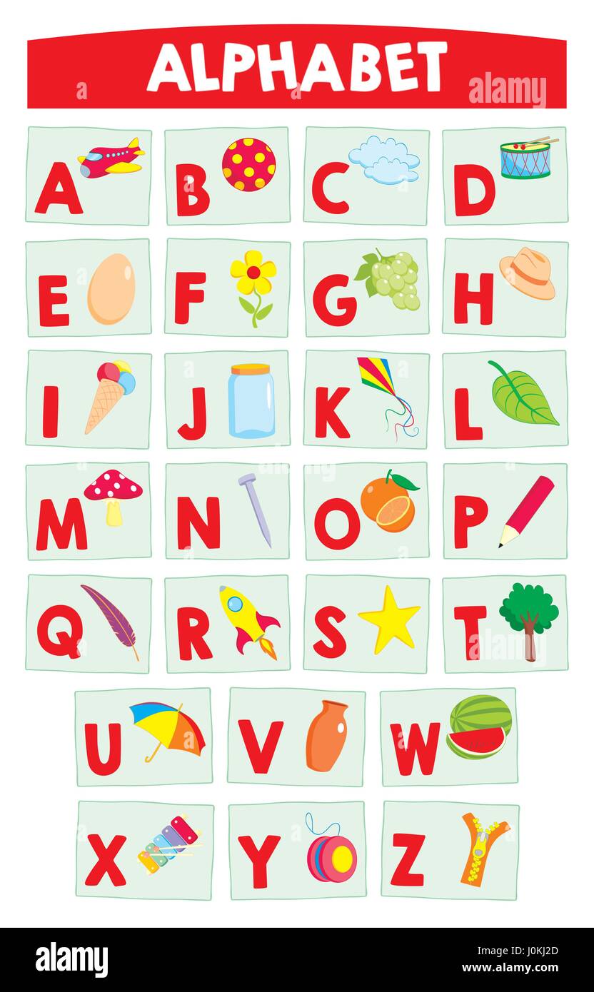 Alfabeto di cartoni animati per i bambini istruzione poster. Apprendimento lettere dell'alfabeto. Illustrazione Vettoriale Illustrazione Vettoriale