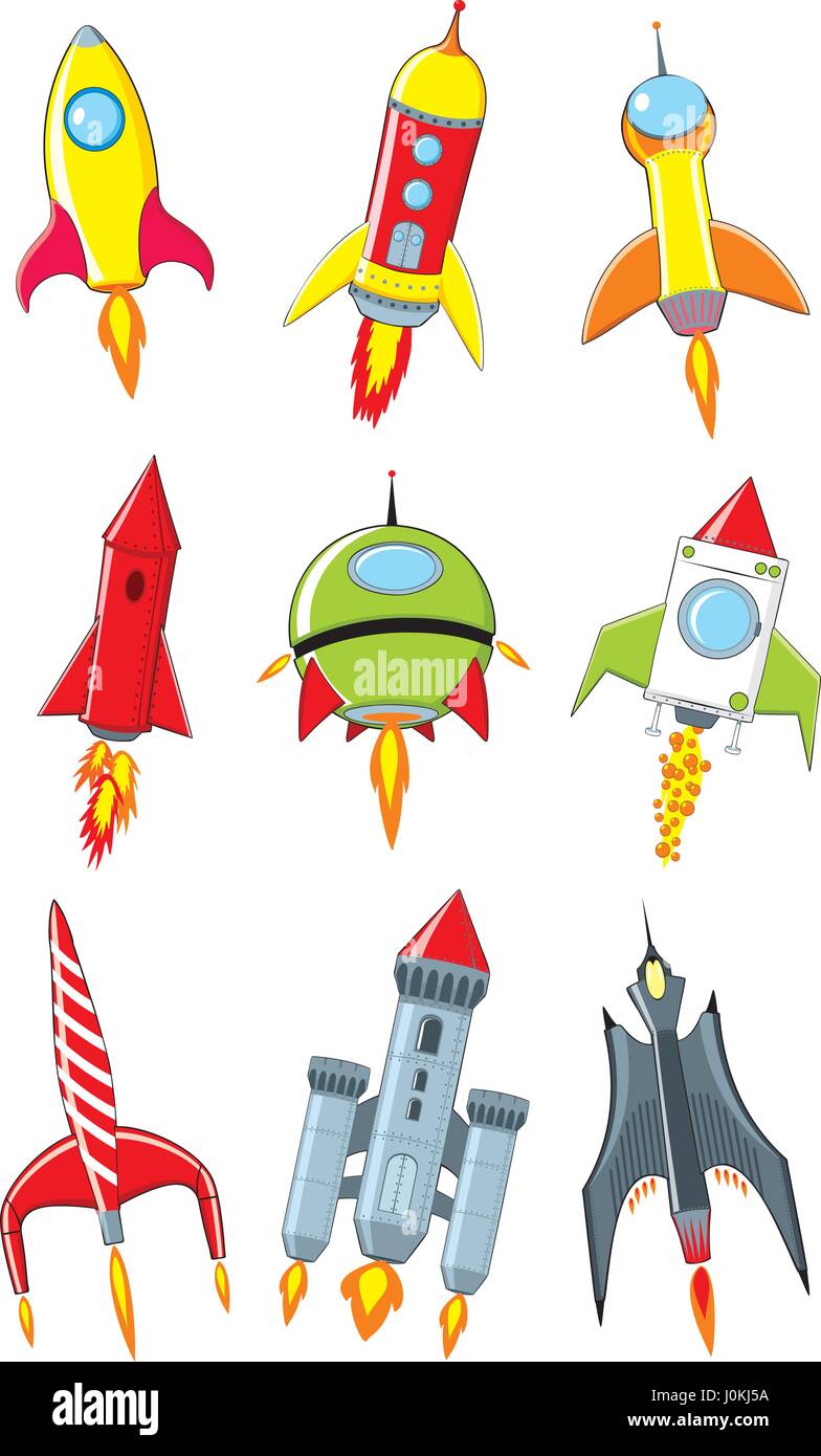 Rocket cartoon impostato su sfondo bianco. Cartoon razzi collezione. Isolato illustrazione vettoriale Illustrazione Vettoriale