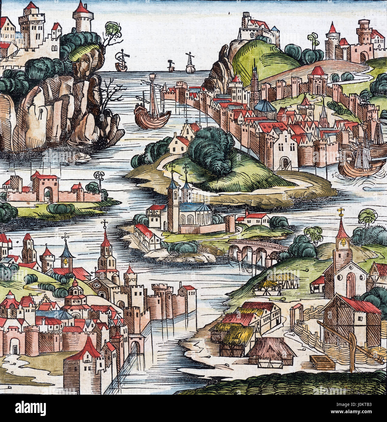 Xilografia colorata fantasia vista di Franken, da Schedelsche Weltchronik, 1493 Foto Stock