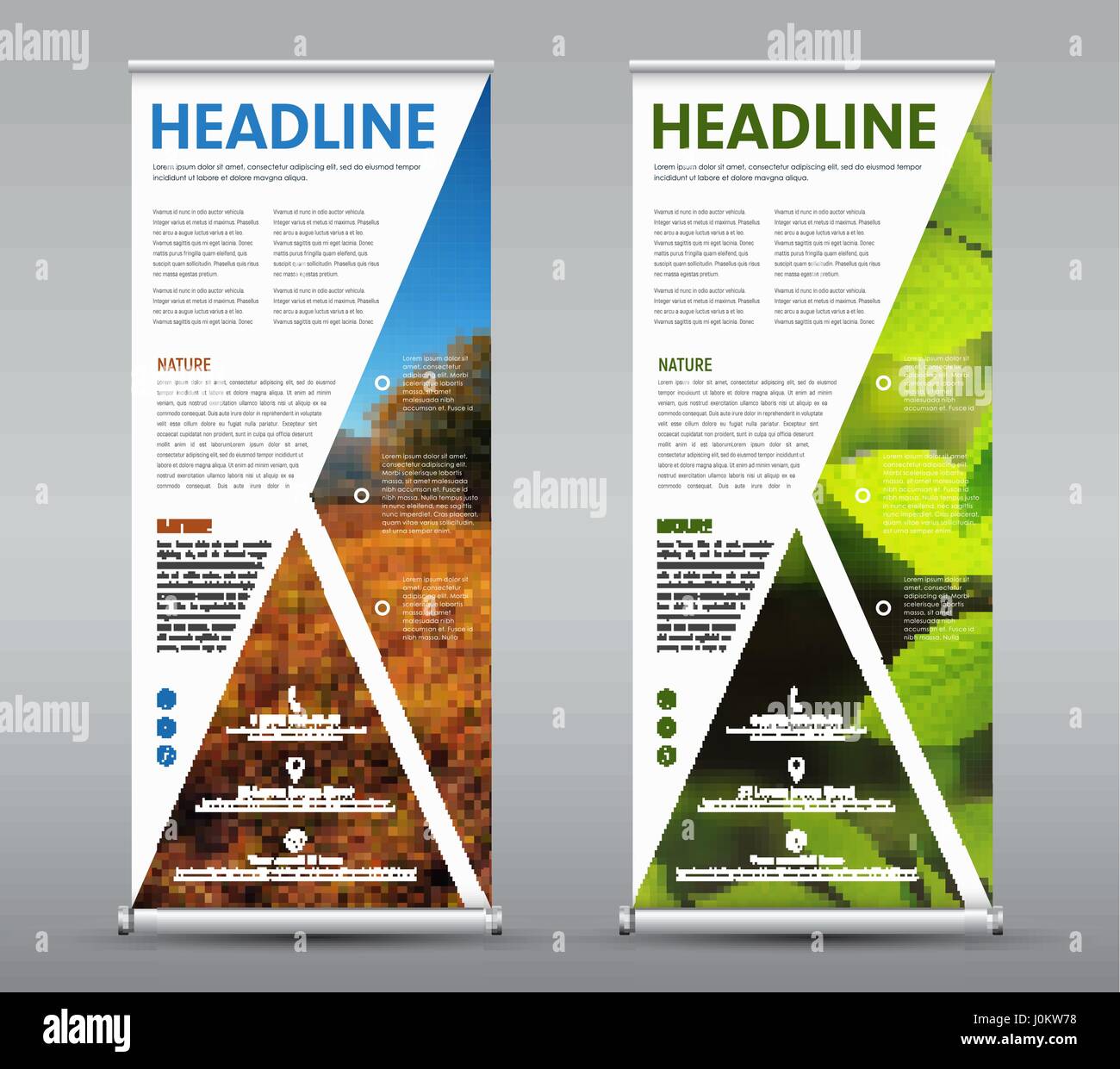 Set di Verticali roll up banner con design triangolare di elementi di immagine e testo. Un modello per brochure in con un paesaggio di colore arancione e verde fogliame. Illustrazione Vettoriale
