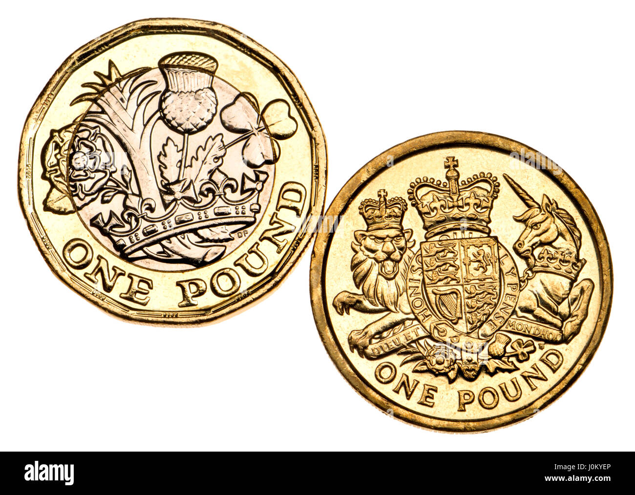 British pound coin - dodici facciate bimetallici di 2017 release (datata 2016) e il vecchio design Foto Stock