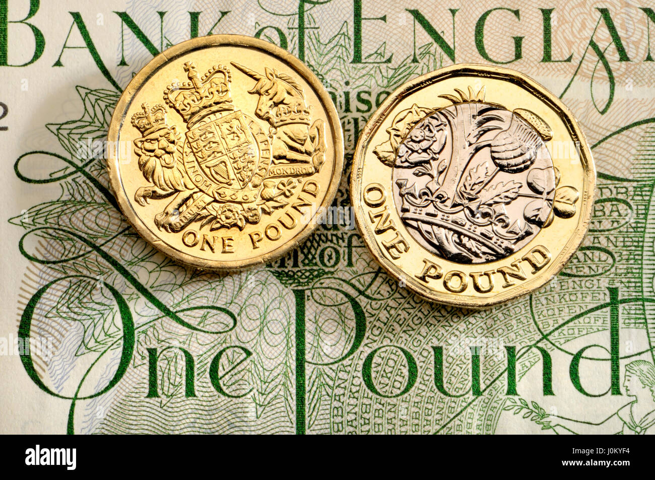 British pound coin - dodici facciate bimetallici di 2017 release (datata 2016) con il vecchio design su un vecchio pound nota Foto Stock