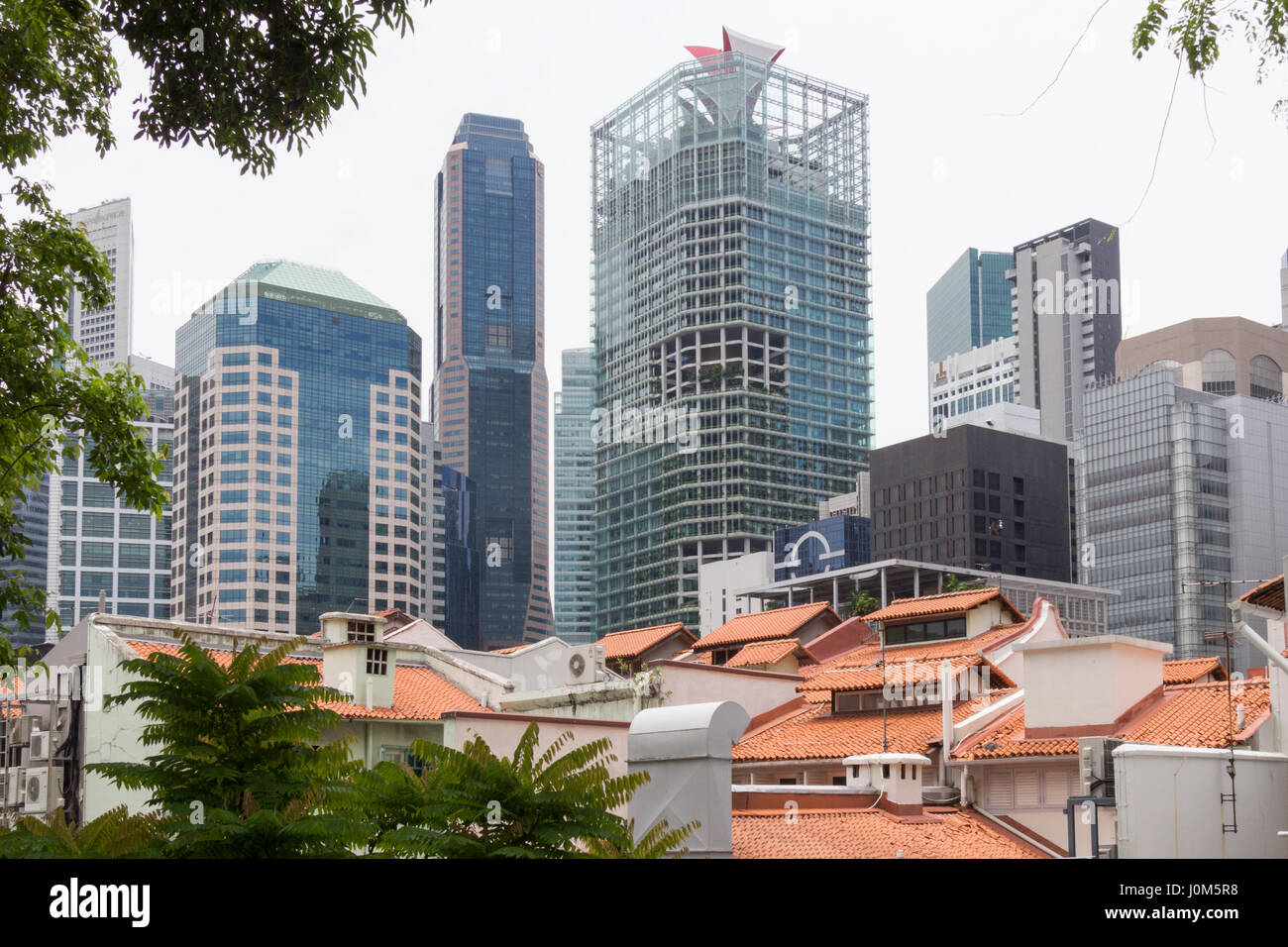 Vecchi tetti di tegole e architettura moderna, Ann Siang Hill, Singapore Foto Stock