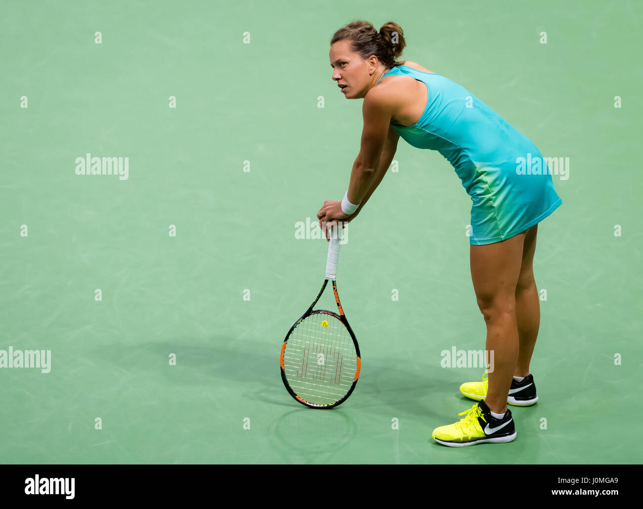 BIEL, Svizzera - 13 aprile : Barbora STRYCOVA in azione al 2017 Ladies Open Biel WTA torneo internazionale di tennis Foto Stock