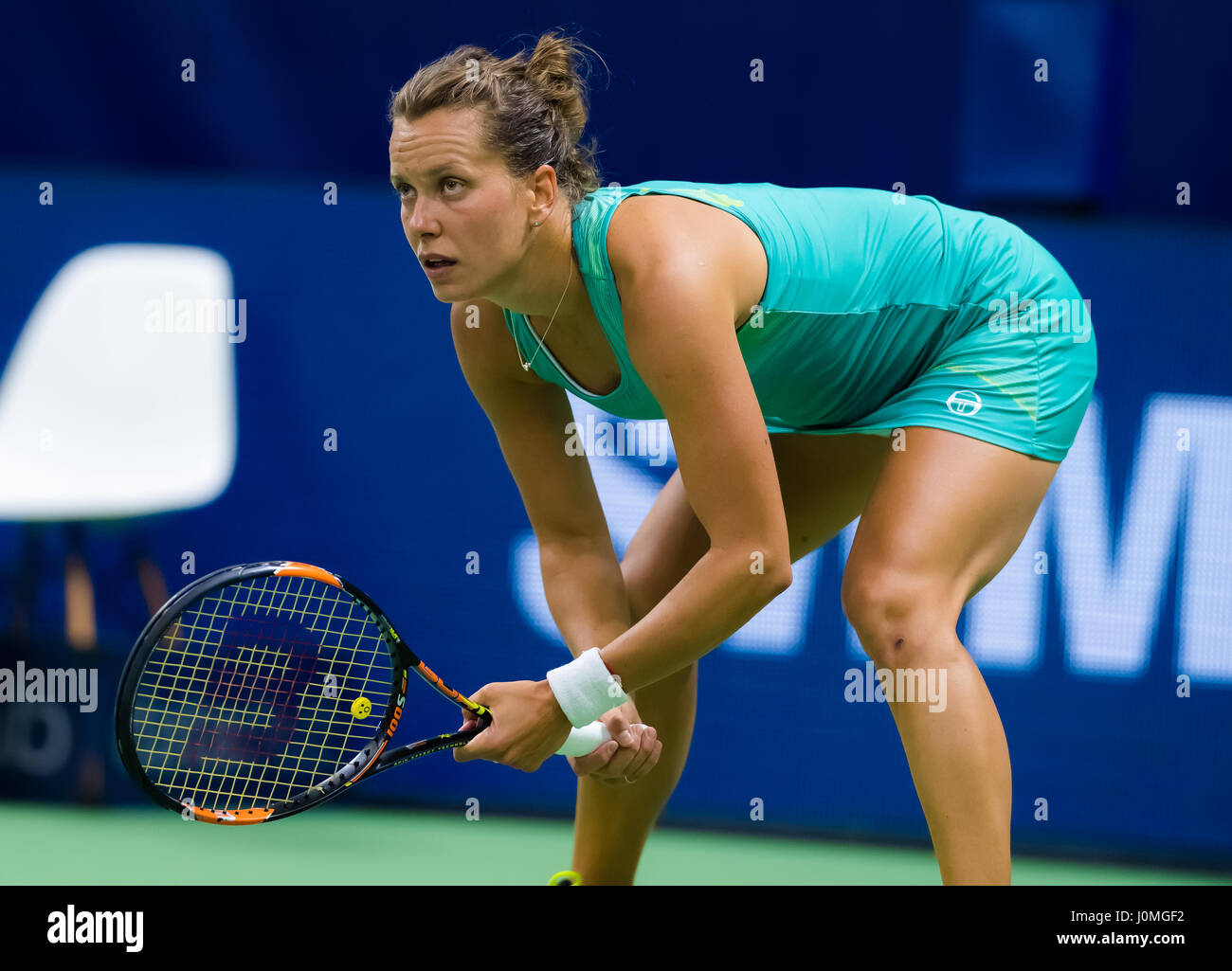 BIEL, Svizzera - 11 aprile : Barbora STRYCOVA in azione al 2017 Ladies Open Biel WTA torneo internazionale di tennis Foto Stock