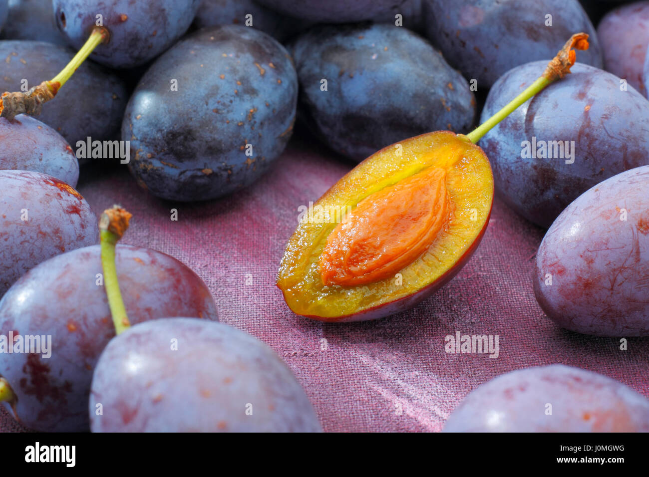 Damson prugna (Damasceno) Frutti giacente sul tessile dipinta sullo sfondo. Un frutto dimezzato con pietra a vista (kernel). Foto Stock
