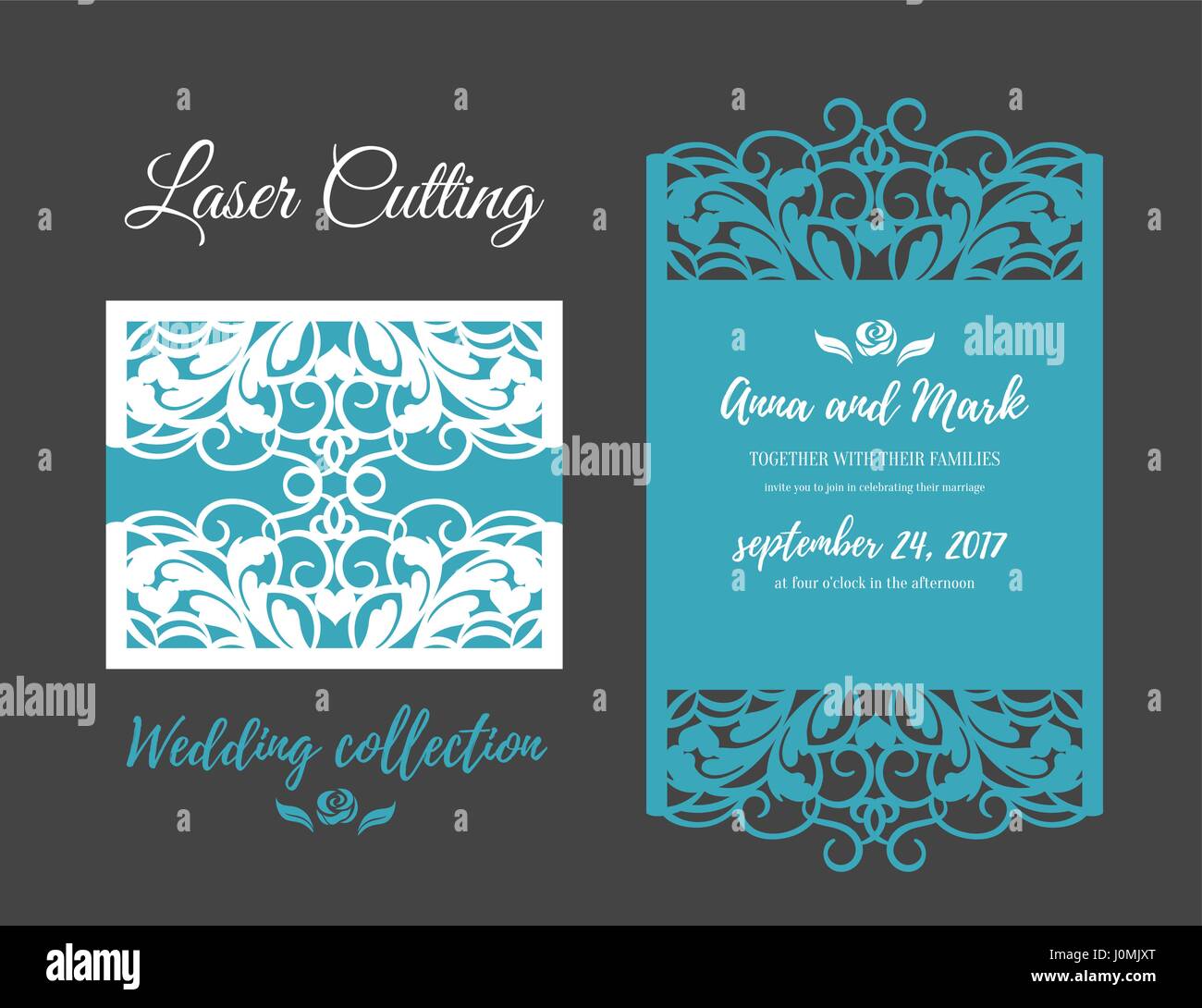 Modello per il fai da te per il taglio laser. Apri scheda. Lato anteriore e posteriore. vettore può essere usato come una busta. Wedding fustellate invito . Silhouette di esclusione mockup Illustrazione Vettoriale