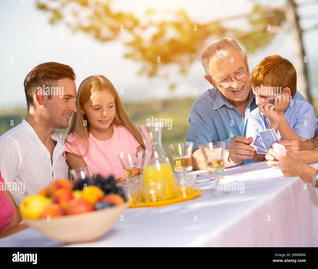 Tempo libero famiglia in campagna giocando a carte Foto Stock