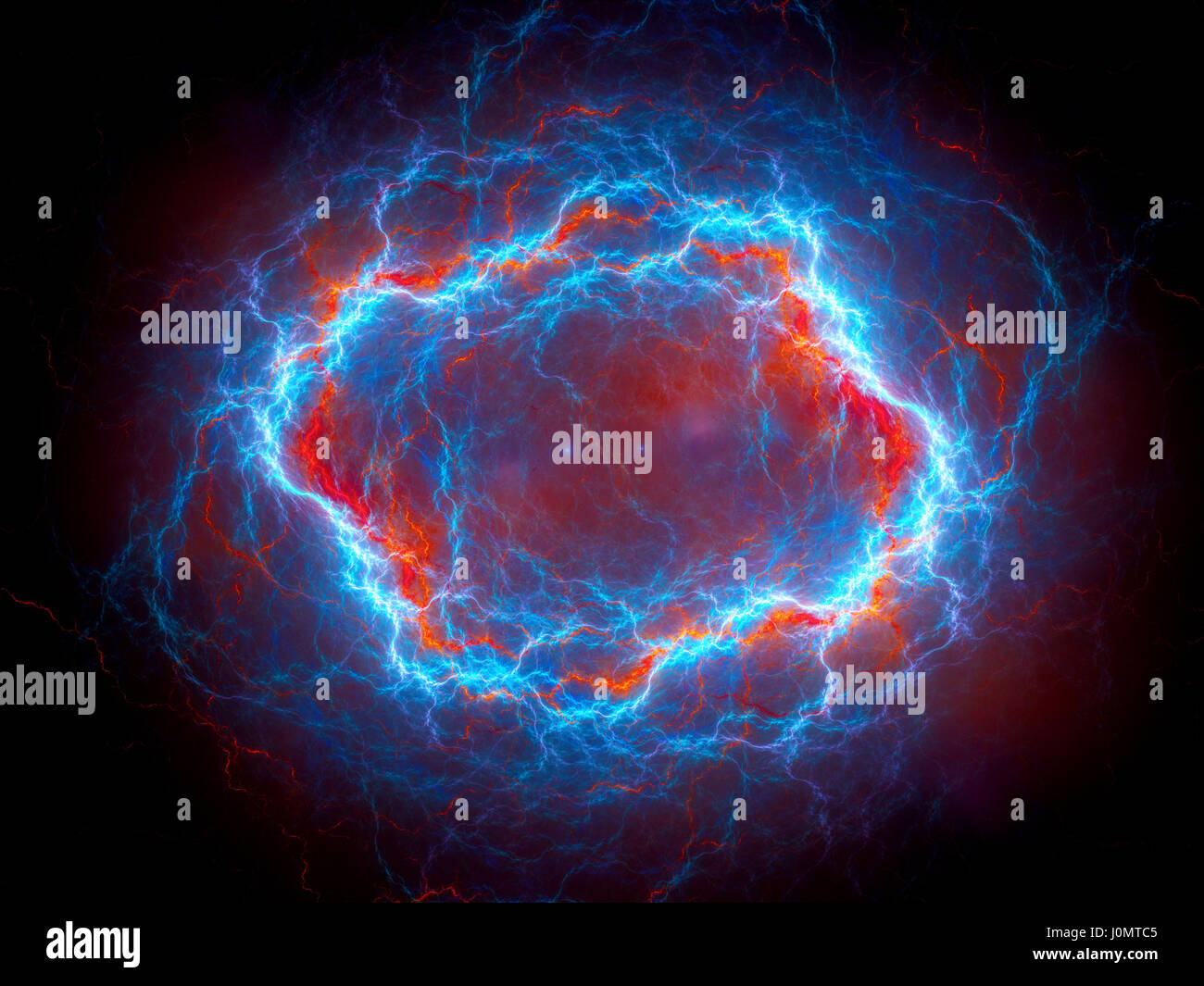 Sferiche colorate ad alta energia fulmine di plasma nello spazio, generato dal computer sfondo astratto, rendering 3D Foto Stock