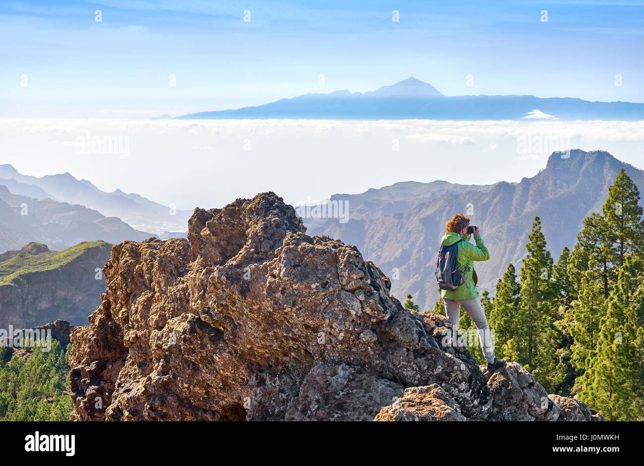 Vista sul Teide Tenerife da Roque Nublo, Gran Canaria Isole Canarie Spagna Foto Stock