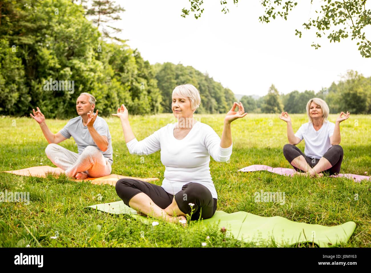 Tre persone facendo yoga nel campo. Foto Stock