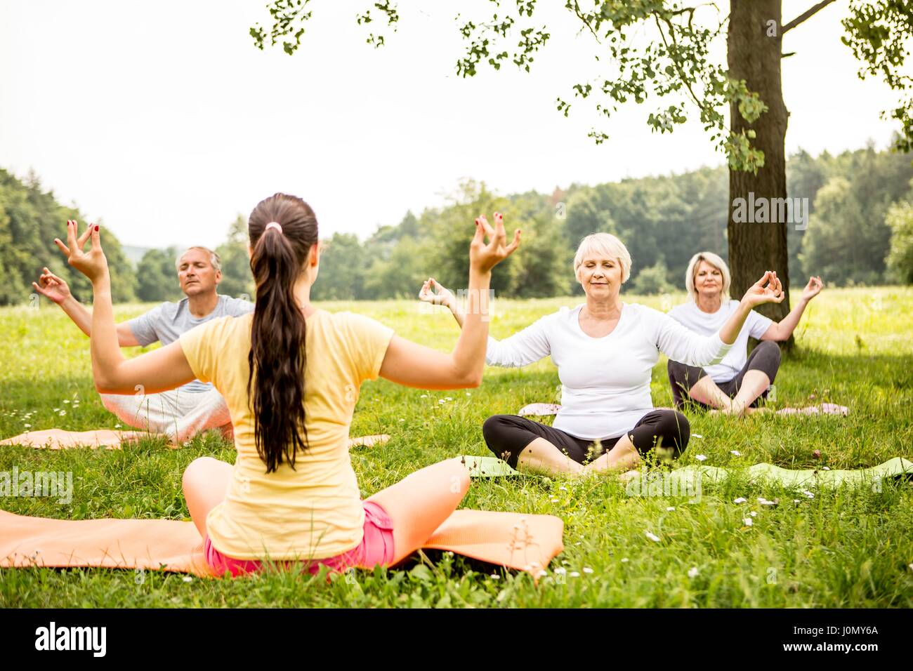 Yoga classe nel campo. Foto Stock