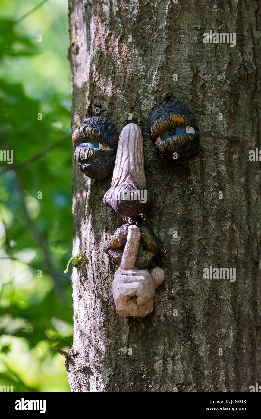 Segno divertente fatta di umani parti del viso su un tronco di albero ricorda alle persone di mantenere nella tranquillità di un parco naturale. Houston, Texas, Stati Uniti d'America. Foto Stock