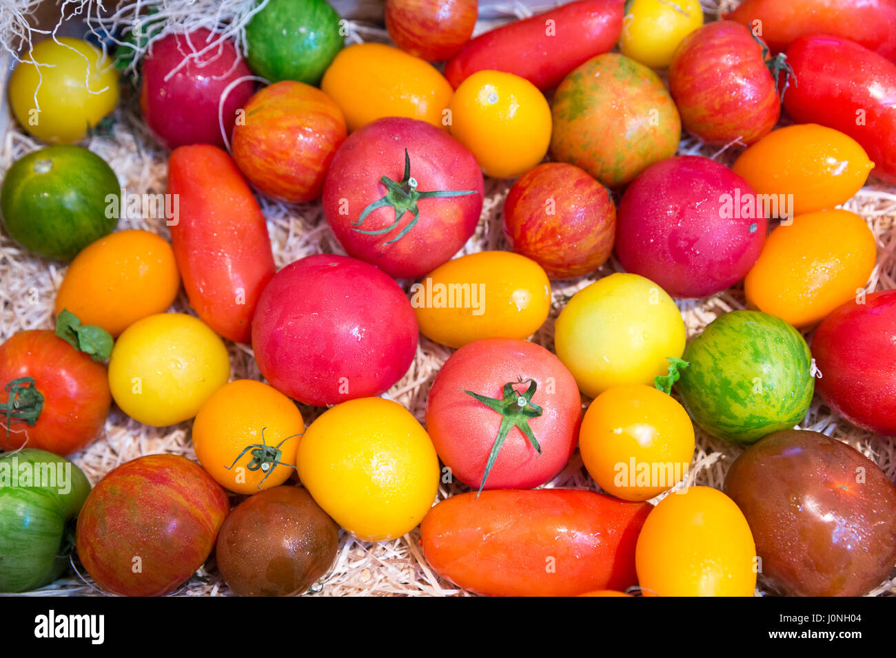 Varietà colorate di artigianale di pomodori, insalata di verdure, sul display per la vendita nel mercato alimentare sulla Ile de Re, Francia Foto Stock