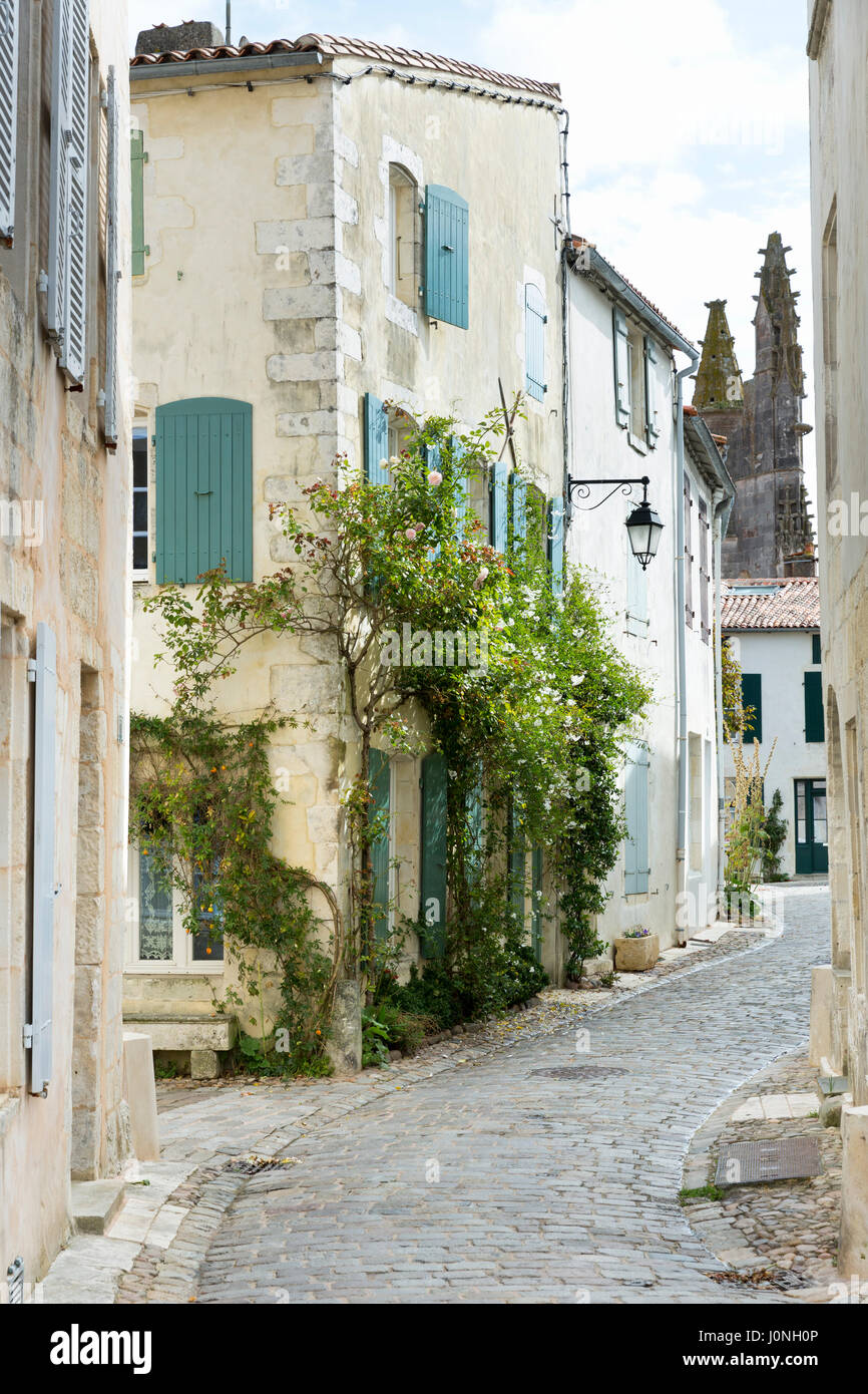 Tipica scena di strada case pittoresche, strada di ciottoli, architettura tradizionale, St Martin de Re, Ile de Re, Francia Foto Stock