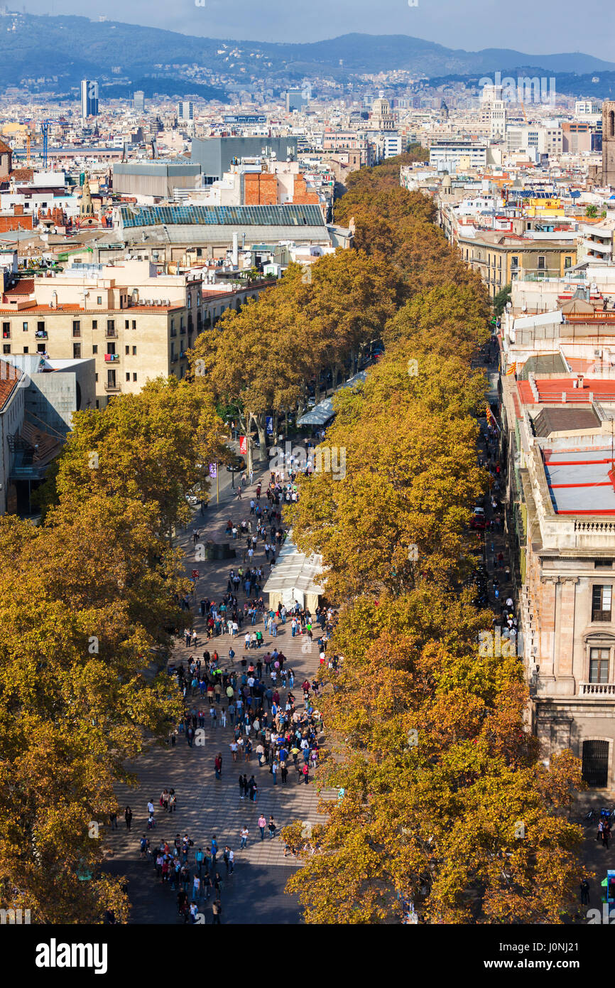 La Rambla - Las Ramblas street e Boulevard a Barcellona, in Catalogna, Spagna, Centro citta', vista da sopra. Foto Stock