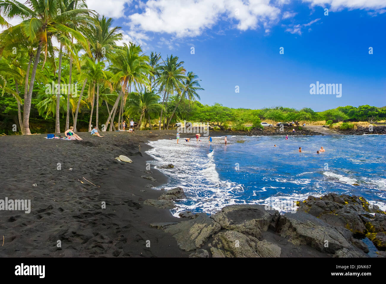 Punaluu Blach spiaggia di sabbia, Big Island, Hawaii, STATI UNITI D'AMERICA Foto Stock