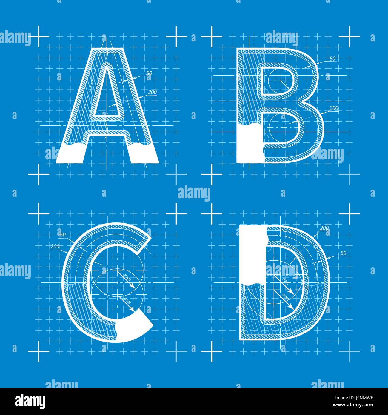 Costruzione schizzi di A B C D lettere. Blueprint stile font Immagine e  Vettoriale - Alamy