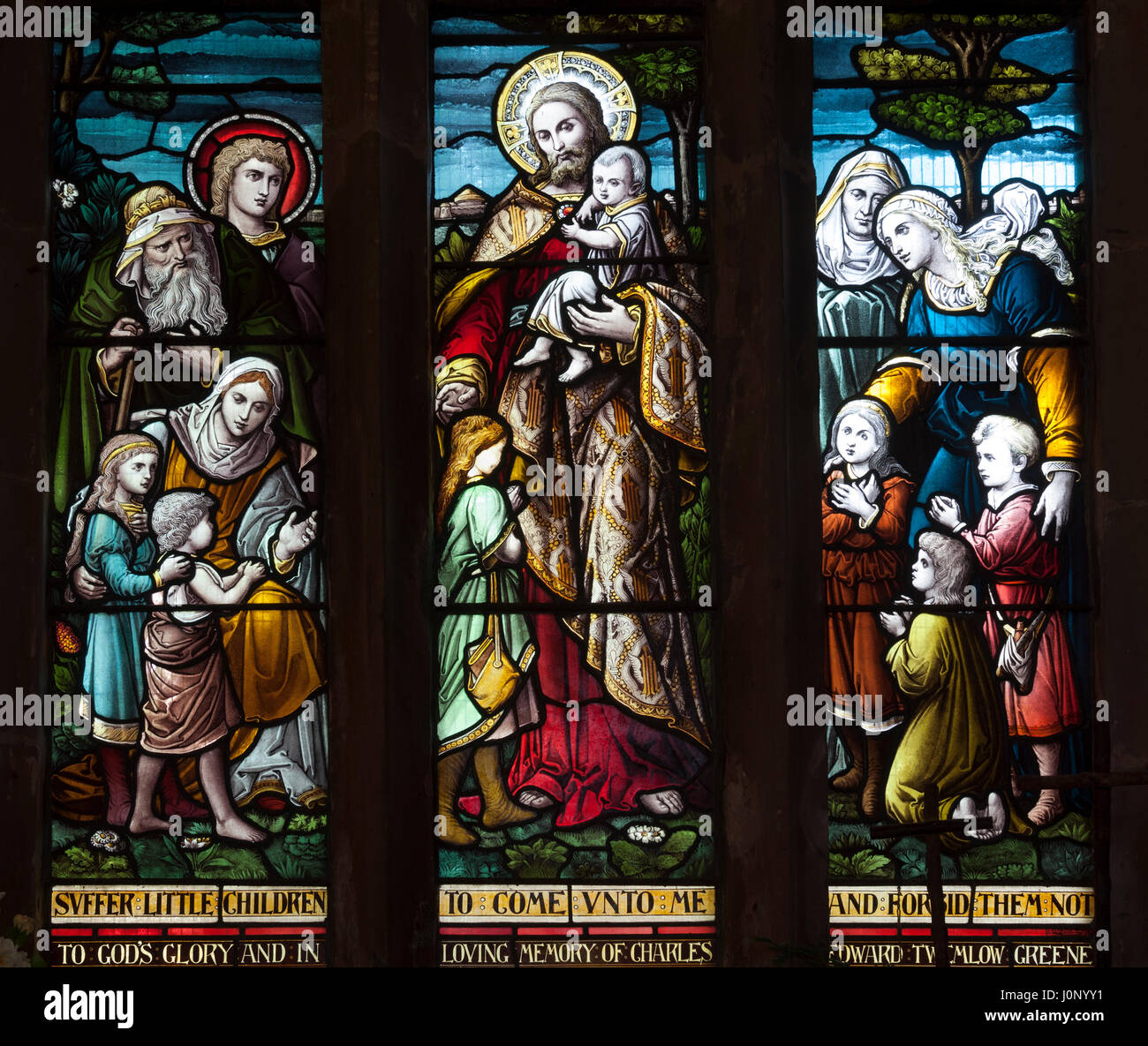 Lasciate che i piccoli fanciulli in vetro colorato, la chiesa di San Nicola, Peopleton, Worcestershire, England, Regno Unito Foto Stock