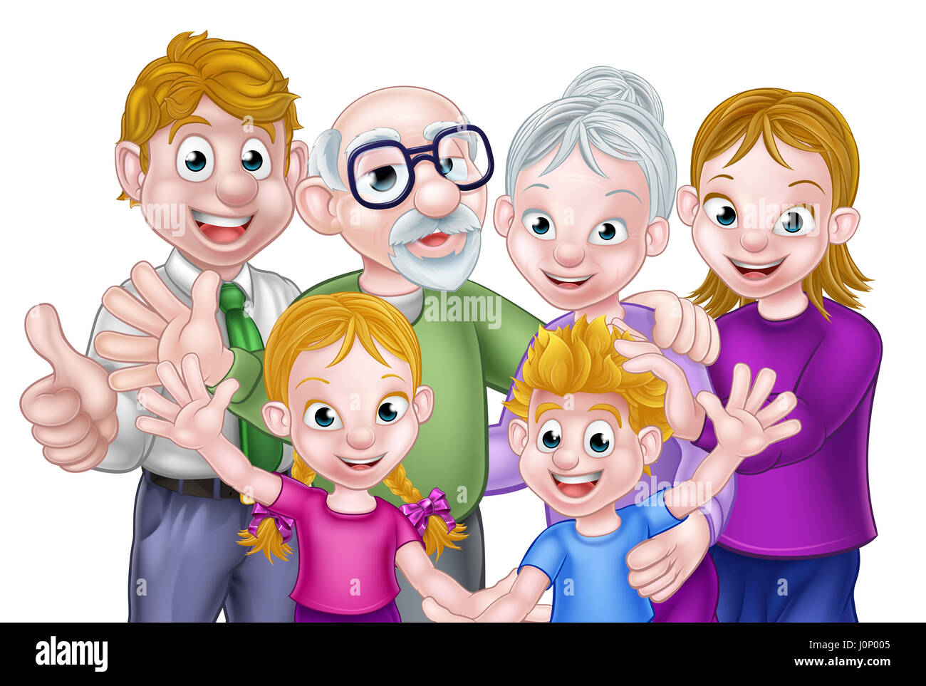 Cartoon felice tre generazioni la famiglia con i genitori e i bambini e i nonni Foto Stock