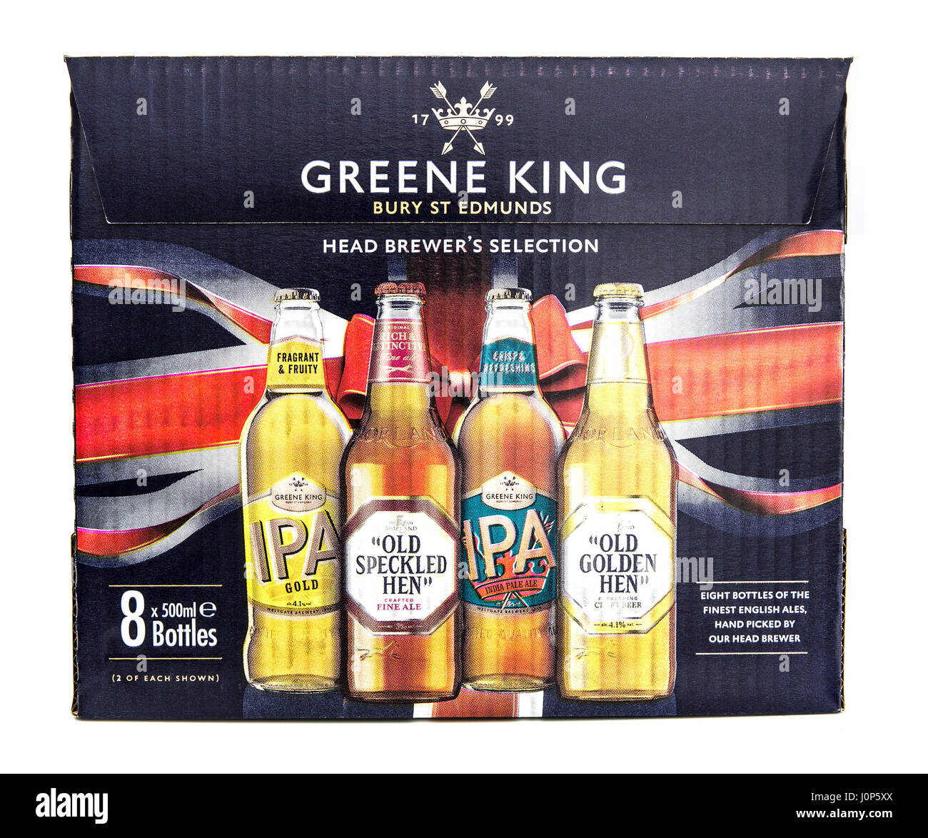SWINDON, Regno Unito - Aprile 06, 2017: scatola di testa di birra birre di selezione dalla Greene King, la casella contiene otto bottiglie dei migliori birre inglesi mano-pi Foto Stock