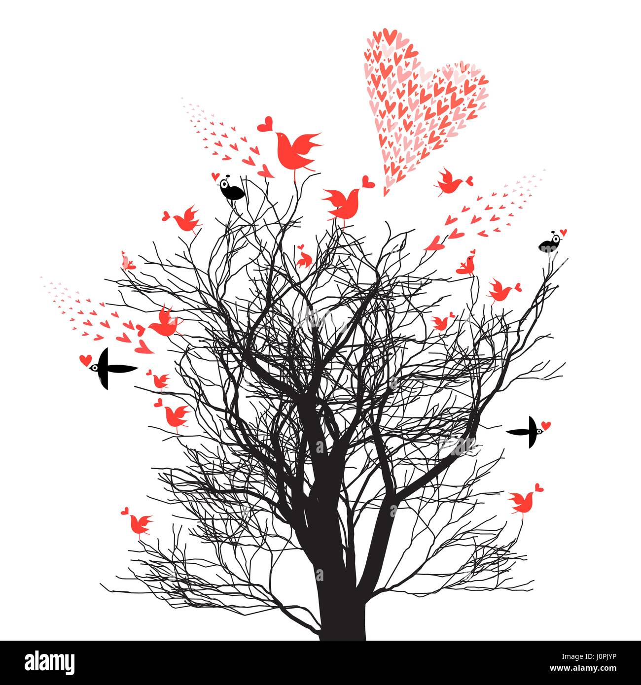 Bright graphic design albero con contentissimo uccelli e cuori su bianco Illustrazione Vettoriale