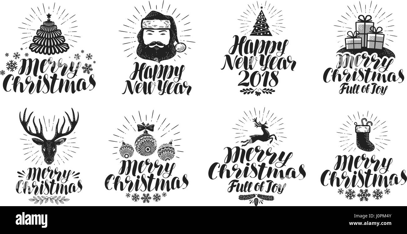 Buon Natale e Felice Anno Nuovo, set di etichette. Xmas, vacanze icone o loghi. Lettering illustrazione vettoriale Illustrazione Vettoriale