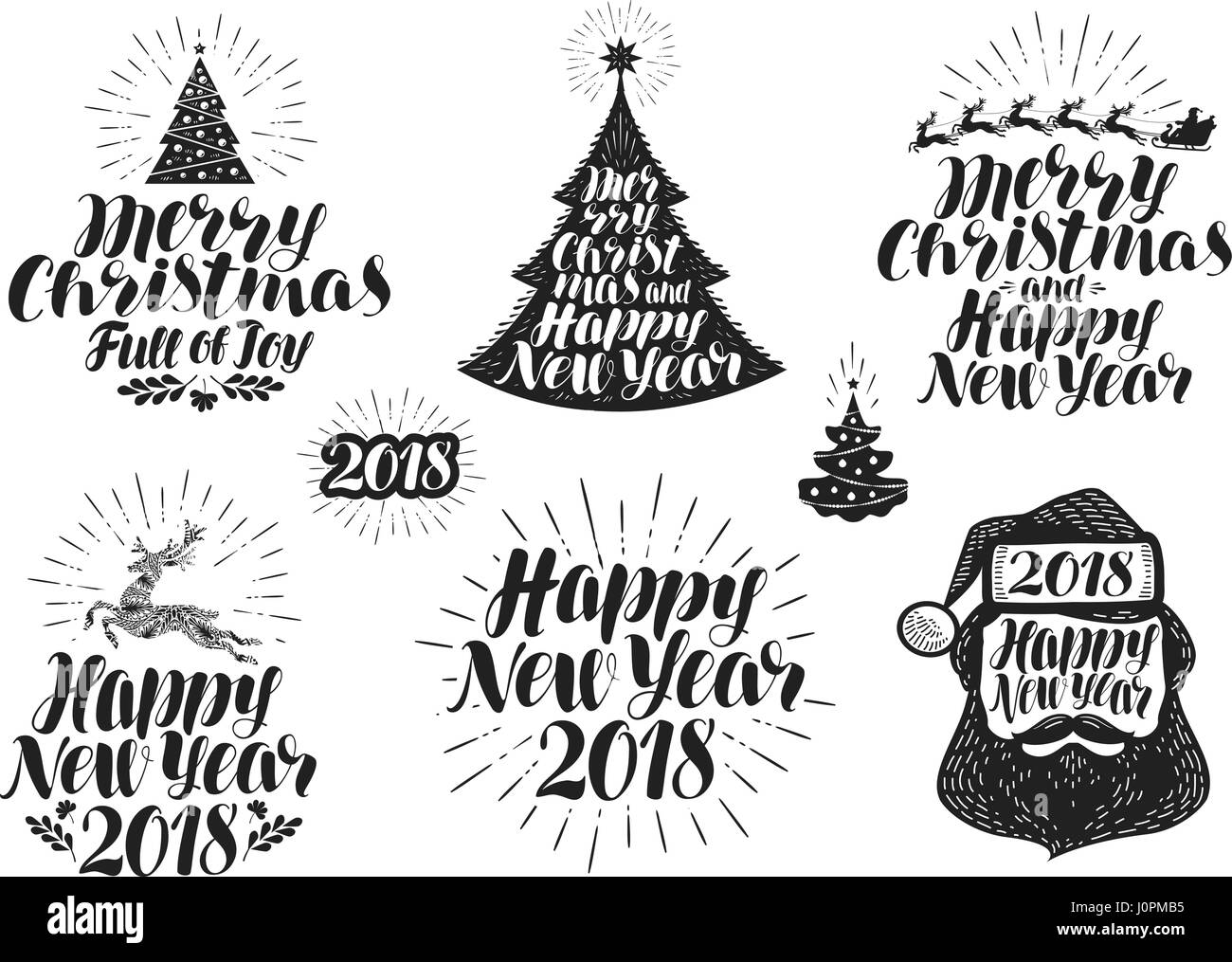 Buon Natale e Felice Anno Nuovo, set di etichette. Xmas, icona di vacanza o di un logo. Lettering illustrazione vettoriale Illustrazione Vettoriale