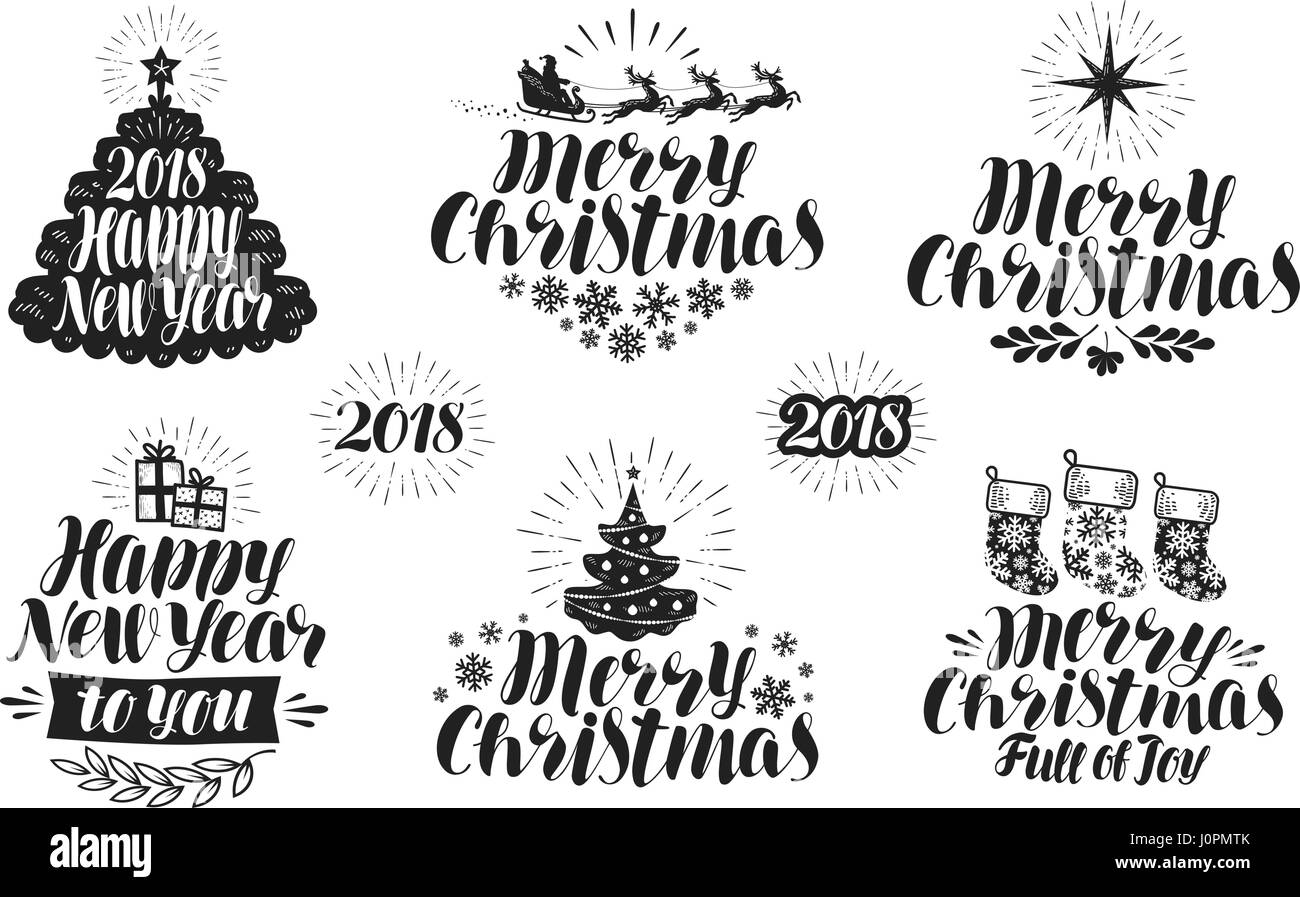 Buon Natale e Felice Anno Nuovo, set di etichette. Xmas, icona di vacanza o di un logo. Caratteri tipografici, vettore di design Illustrazione Vettoriale
