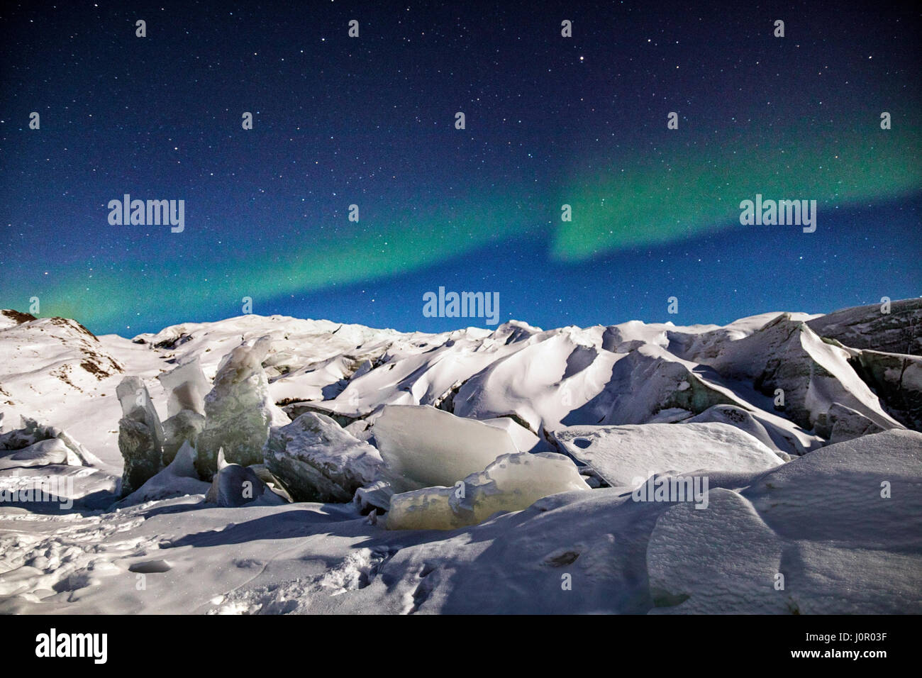 Luci del nord su ghiacciaio di Russell, Kangerlussuaq, Circolo Polare Artico, Groenlandia, Europa Foto Stock