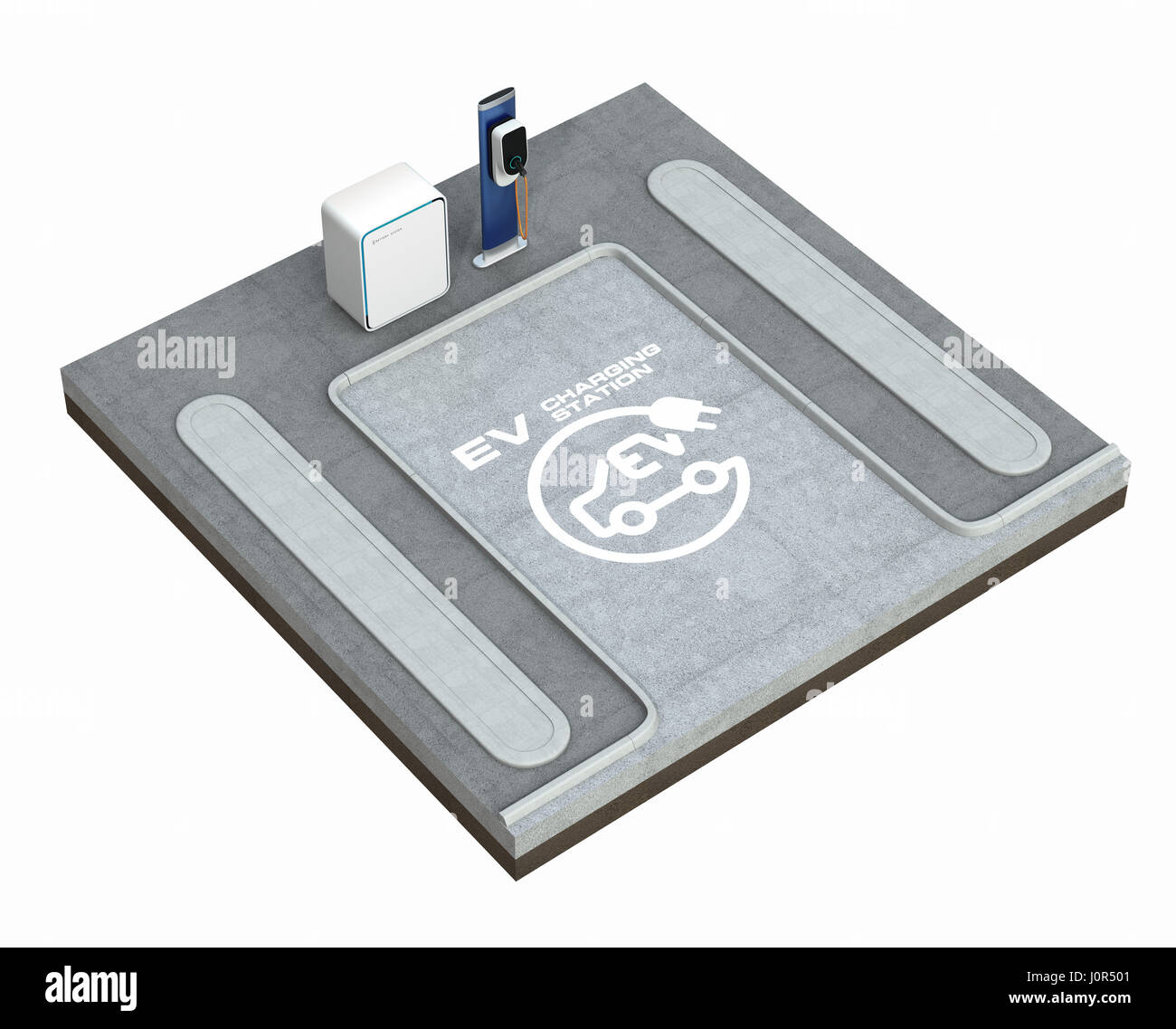 Svuotare il veicolo elettrico parcheggio attrezzare con stazione di ricarica. Il rendering 3D'immagine. Foto Stock