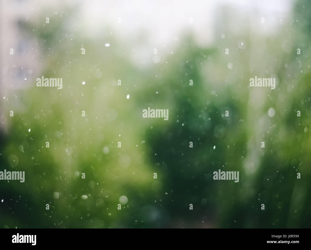 Sfocata gocce di pioggia sul vetro di finestra di sfondo astratto Foto Stock