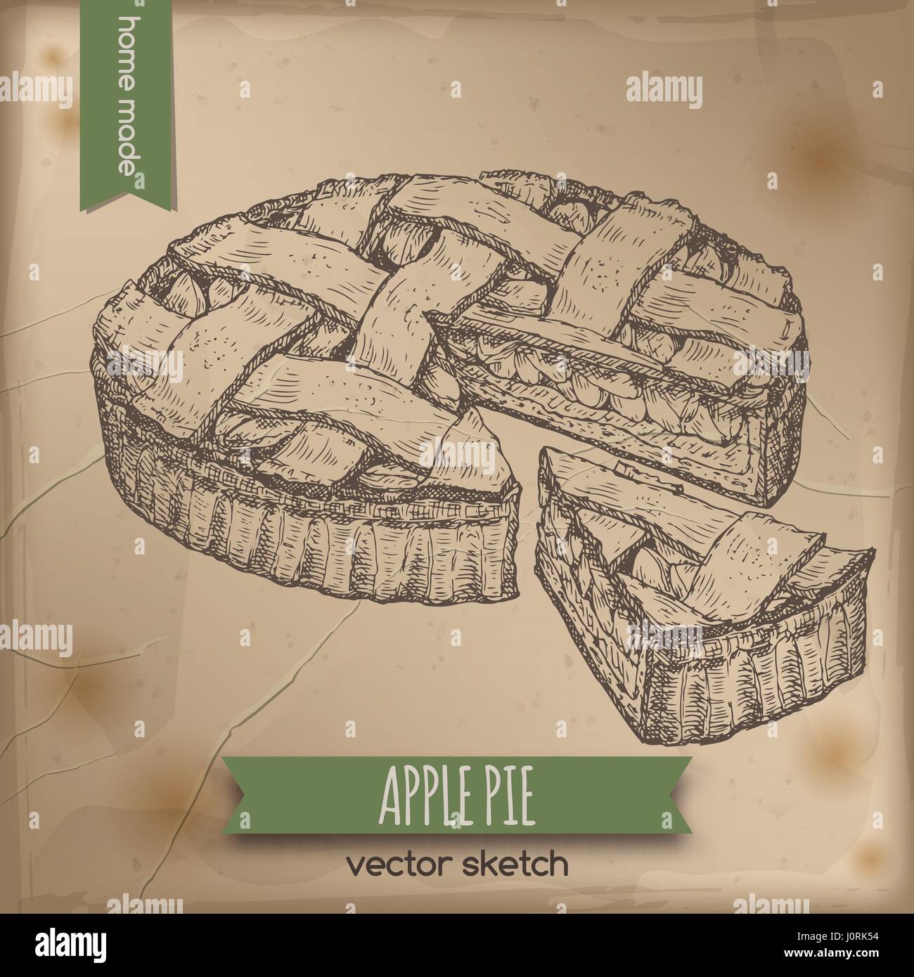 Vintage apple pie schizzo su carta vecchia sfondo. Illustrazione Vettoriale