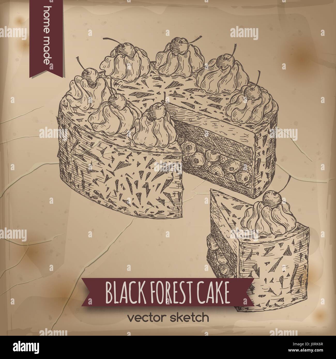 Vintage torta della Foresta Nera schizzo su carta vecchia sfondo. Illustrazione Vettoriale