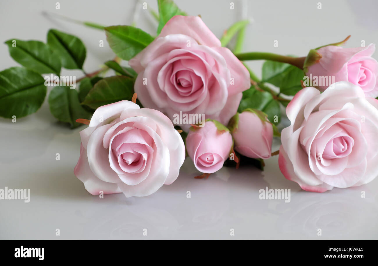 Meravigliosa arte di argilla con il Rosa Rose fiore relect su sfondo bianco, bellissimi fiori artificiali di artigianato con sapiente Foto Stock