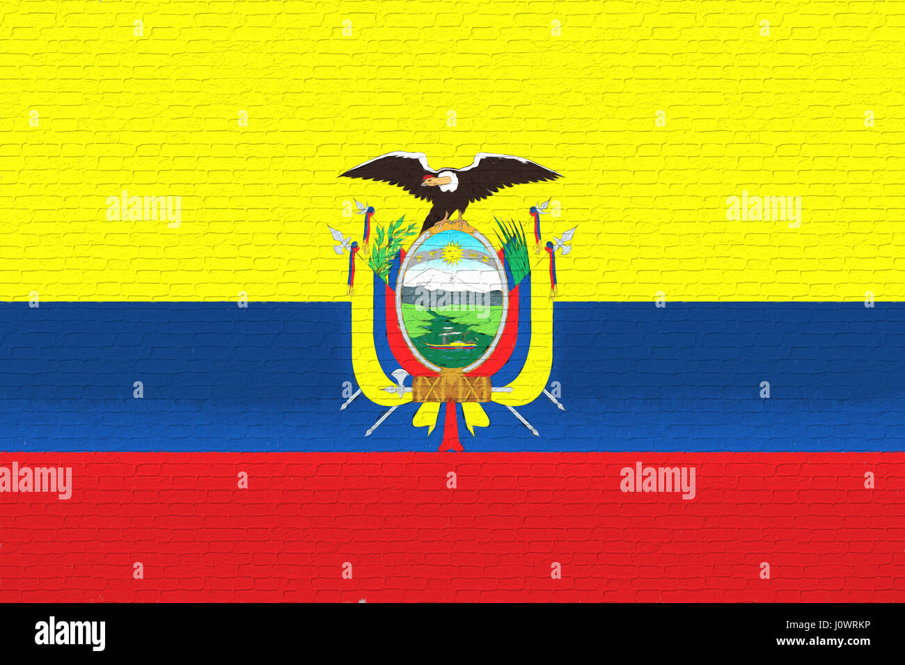 Illustrazione della bandiera dell'Ecuador guardando come è dipinta su un muro di mattoni. Foto Stock
