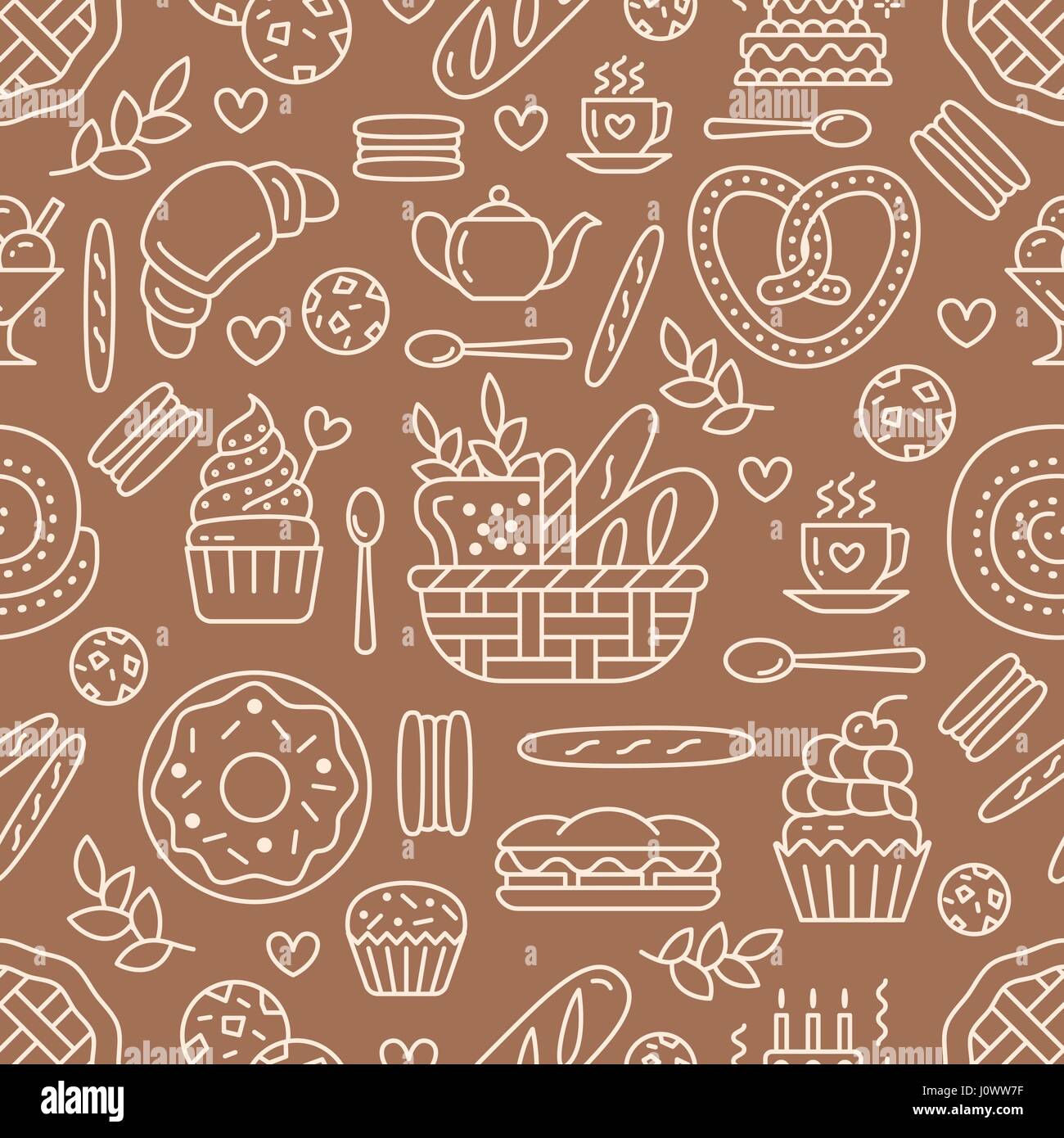Panificio seamless pattern, cibo sfondo vettoriale di marrone, colore bianco. Prodotti dolciari sottile linea icone - torta, croissant, muffin, pasticceria, tortina, torta. Carino illustrazione ripetuta per il negozio di dolci Illustrazione Vettoriale