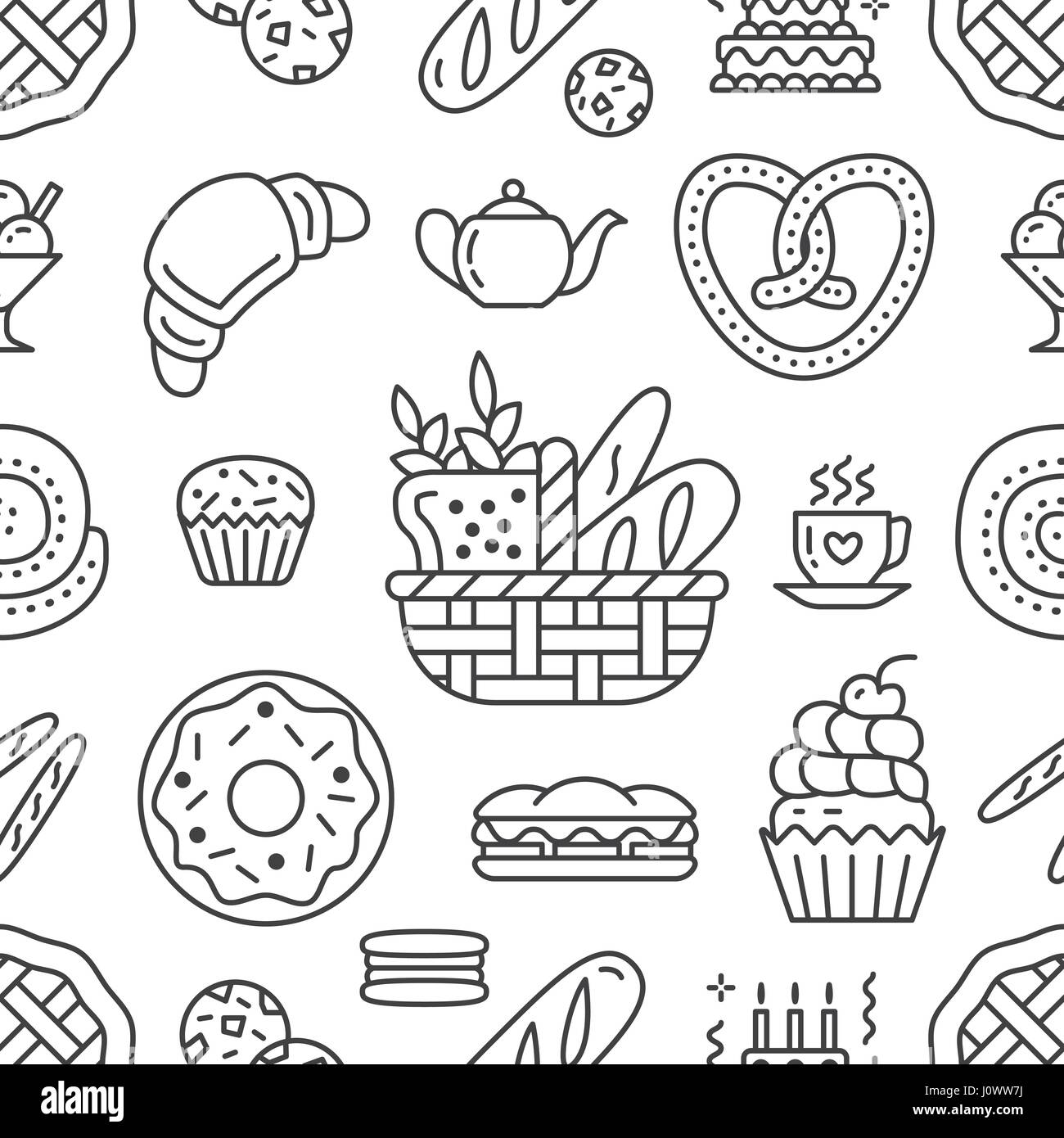 Panificio seamless pattern, vettore alimentare di sfondo nero, colore bianco. Prodotti dolciari sottile linea icone - torta, croissant, muffin, pasticceria, tortina, torta. Carino illustrazione ripetuta per il negozio di dolci Illustrazione Vettoriale