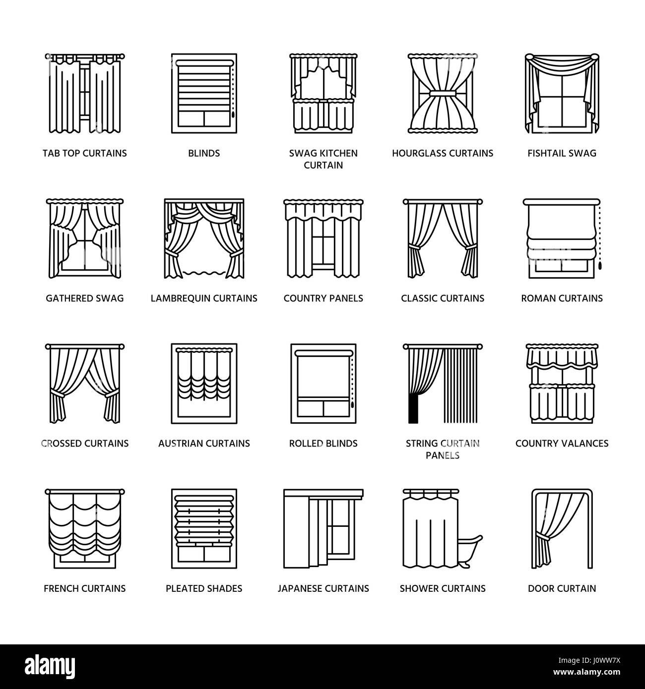 Tende a vetro, sfumature le icone della linea. Varie camera decorazione di oscuramento, lambrequin swag, francese tende e pannelli laminati. Interior design sottile segni lineari per la casa negozio di arredamento Illustrazione Vettoriale