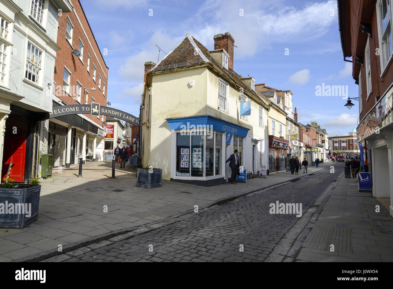 Giunzione della buca di sabbia Lane e High Street, Braintree, Essex Foto Stock