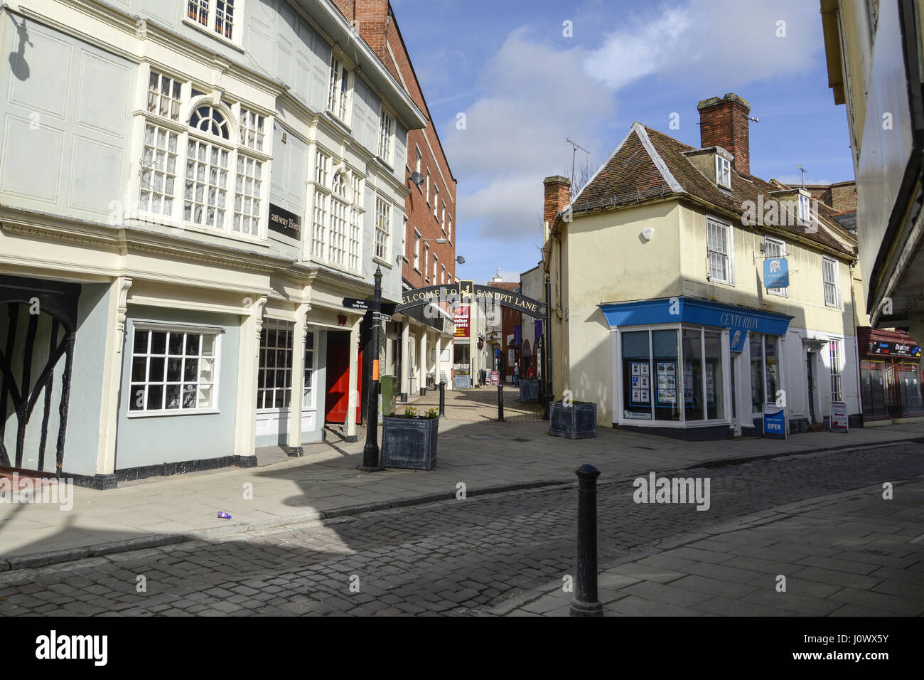 Giunzione della buca di sabbia Lane e High Street, Braintree, Essex Foto Stock
