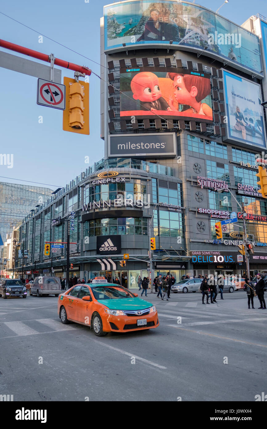 Piazza Yonge-Dundas, intersezione di Piazza Dundas, pedone scramble, taxi Beck, cartelloni pubblicitari, Centro di Toronto, Ontario, Canada. Foto Stock