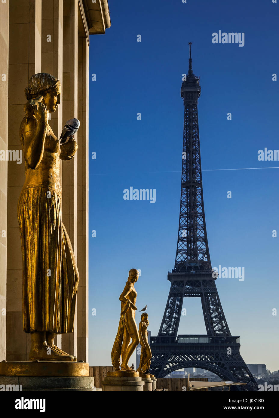 La Torre Eiffel e sculture a Trocadero, Parigi, Francia Foto Stock