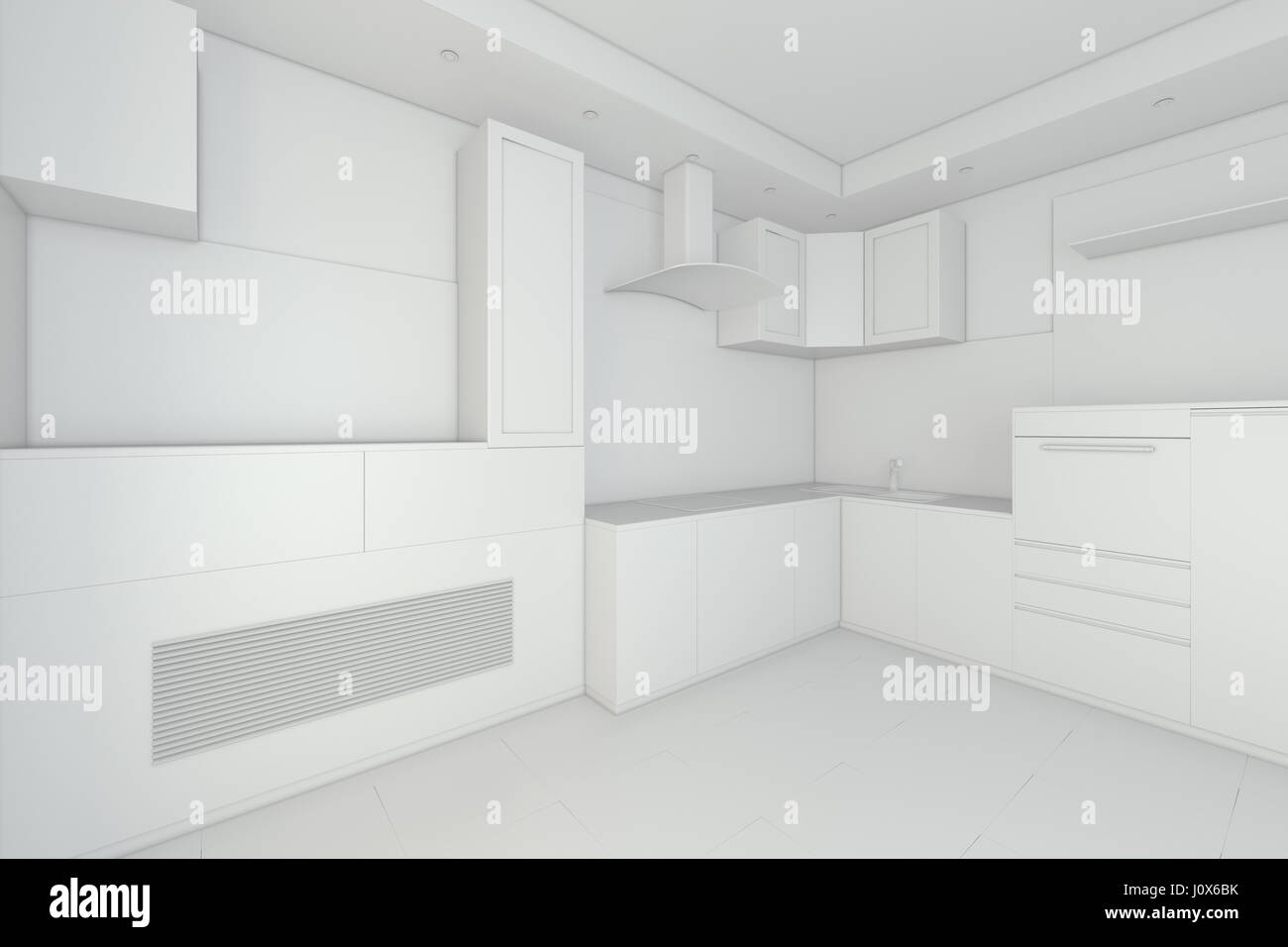 Moderna cucina bianco interno in stile minimalista. Il rendering 3D Foto Stock