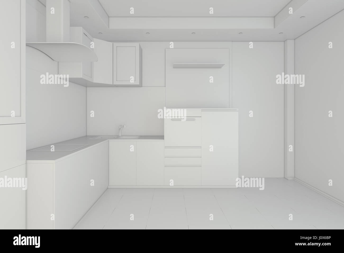 Cucina bianca. Lucentezza interiore. 3D illustrazione Foto Stock