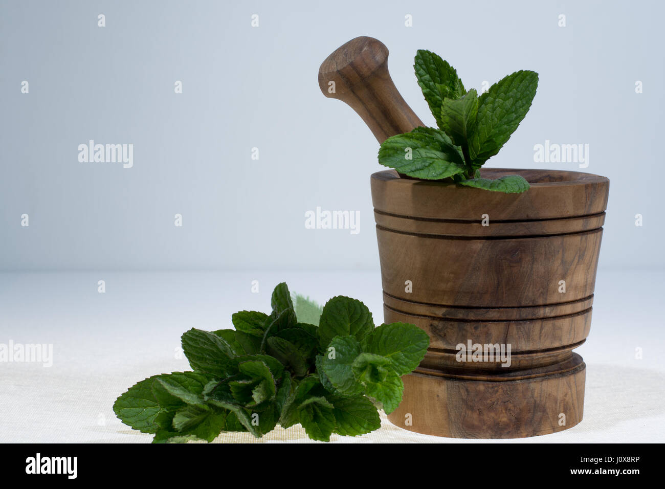 Fresco verde menta in legno d'olivo mortaio Foto Stock